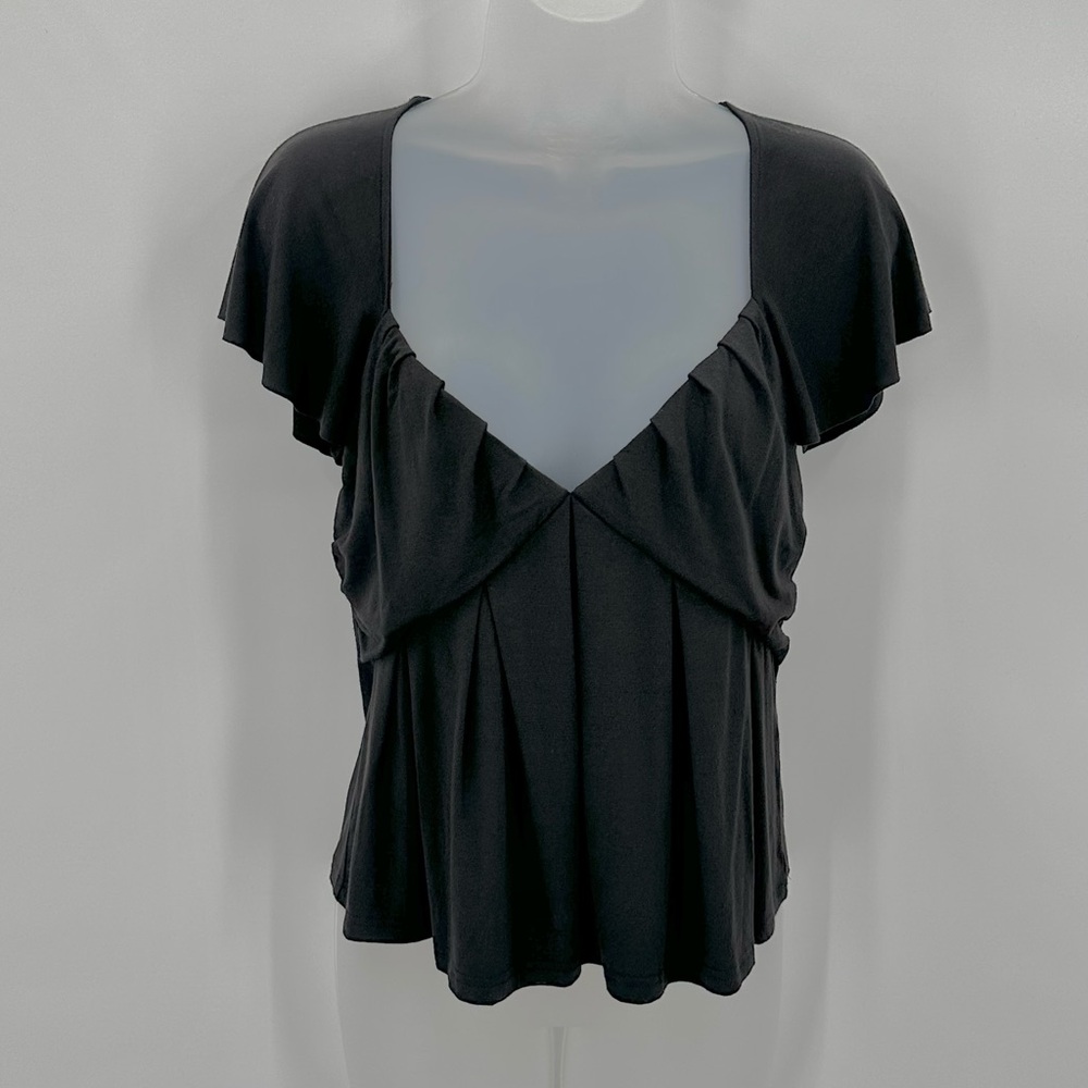 Frame Tee Womens S Black Low Neck Flutter Short Sleeve Top Going Out Top